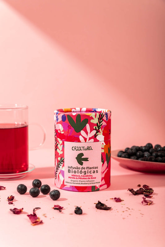 Infusão de Hibisco, Cavalinha, Mirtilo e Pétalas de Rosa Biológica